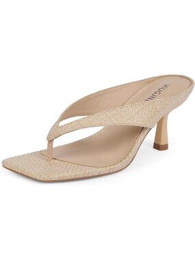 Women’s Beige Square Open Toe Low Kitten Heels Flip Flop Slip On Slide Shoes